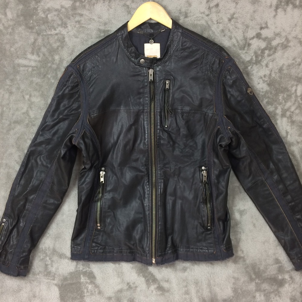 Diesel Lamb Leather Cafe Racer Jacket Mens L Black Archive Moto Paneled READ
